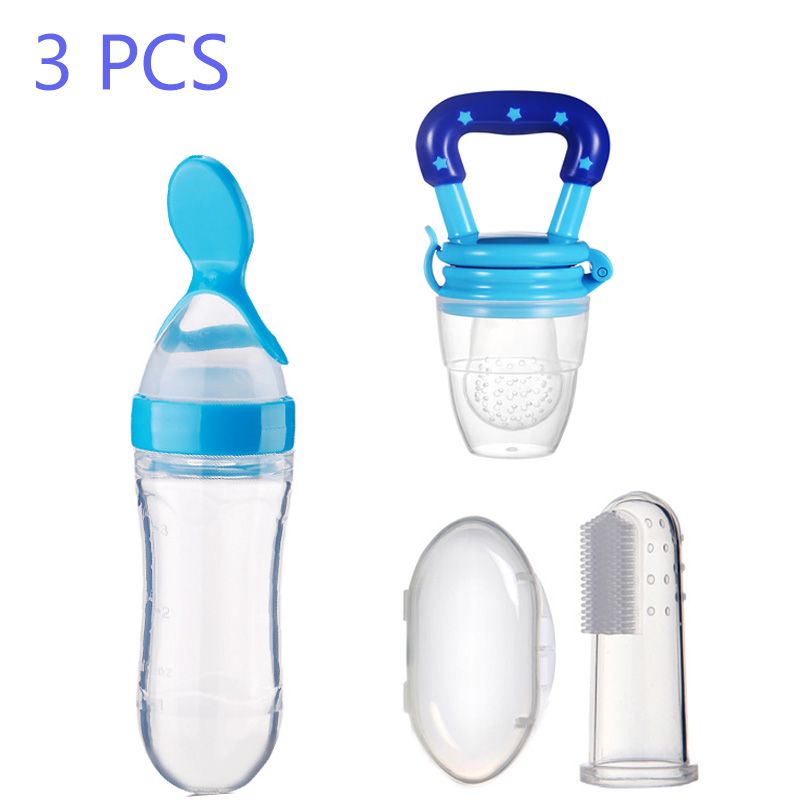 【BestGO】3 pcs/set Baby Food Feeder Kit Infant Fruit Feeder Pacifier Teething Toy +Squeeze Feeding Spoon Food Dispenser Bottle+Baby Silicone Toothbrush with Case newborn gift