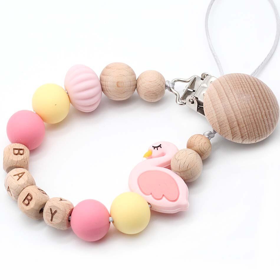 Personalized Name Silicone and Wood Pacifier Clips, Pacifier Chain for Nipples, Baby Shower Gift, Kids Teething Toy