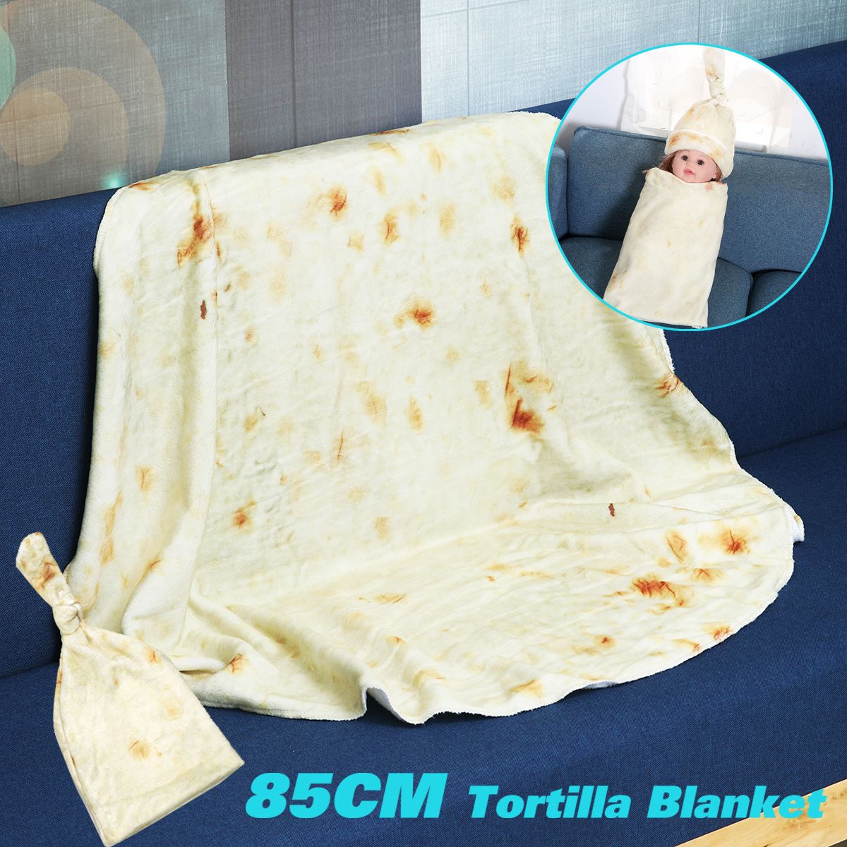 85CM Tortilla Blanket Mexican Burrito Wrap + Hat Soft Bed Sofa For Children Baby