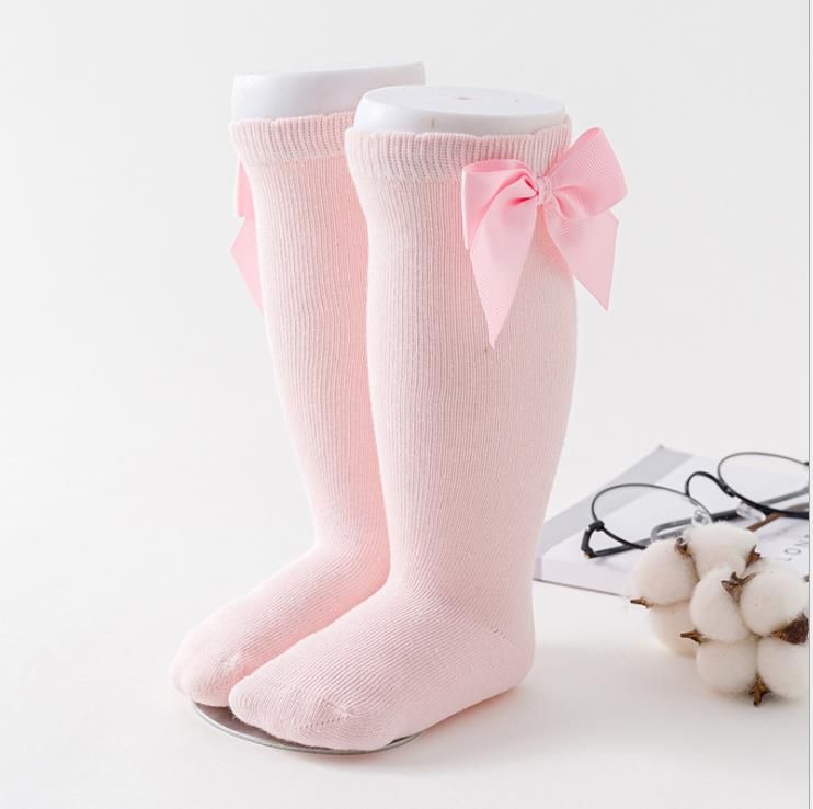 Baby Girls Cotton Long Socks Solid Color Big Bow Knee High Stocking Cute Lacework Princess Leg Warmer Floor Slipper
