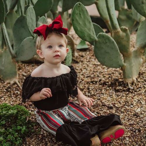 1-4 Years Toddler Baby Girl Off Shoulder Lace Black T-shirt Tops+Flared Stripe Pant Girl Fashion Girl Clothes Set 2PCS
