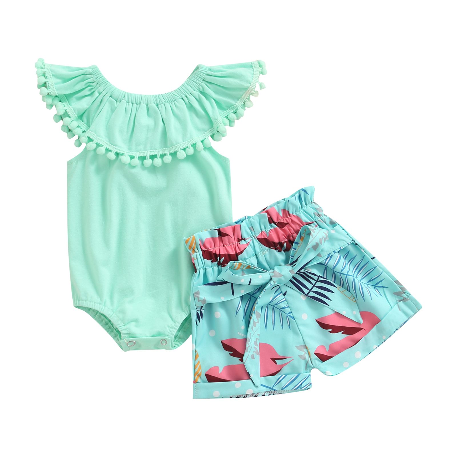 Infant Baby Girls Summer Suit, Solid Color Sleeveless Bobbles Romper Tops+Leaves Printed Shorts