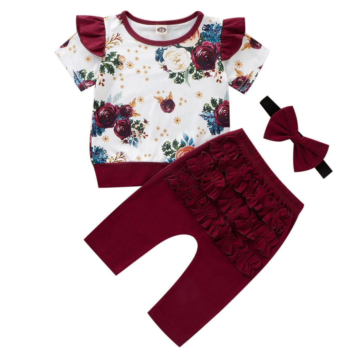 2020 Baby Summer Clothing 3PCS Newborn Baby Girls Floral Tops Short Sleeve T-shirt Ruffle Long Pants Leggings Headband Outfit