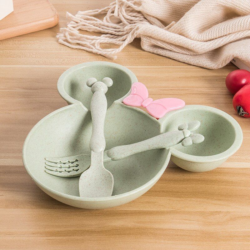 3Pcs/Set Baby Cartoon Tableware Dish Wheat Bowl Anti-hot Toddle Kids Dinner Feeding Food Plate Children Training Bowl Spoon Fork