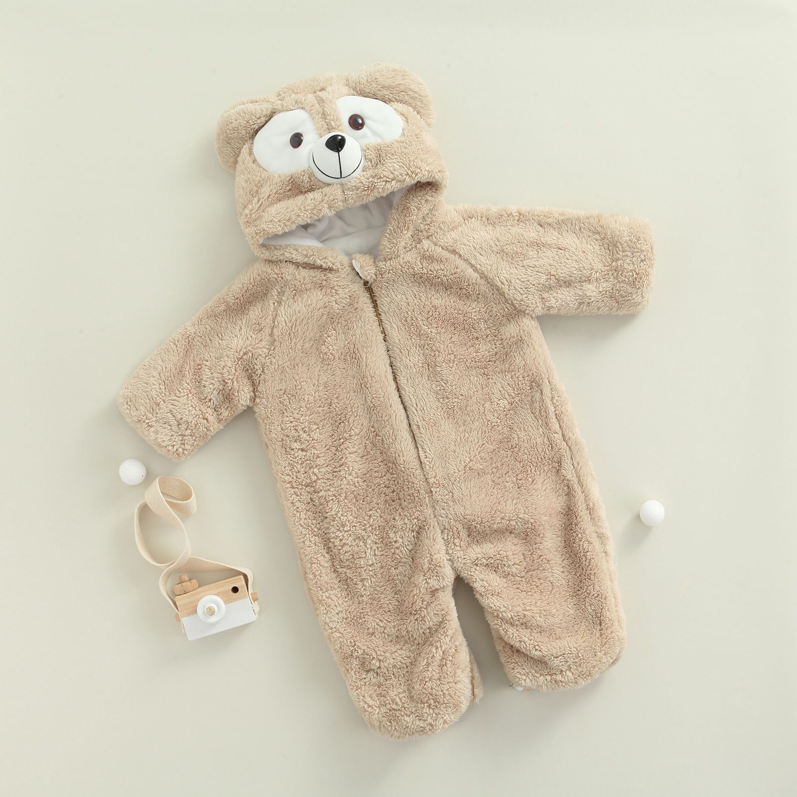 Baby Children's Jumpsuit Plush Textured Cartoon Bear Design Hooded Long Sleeve Warm Romper