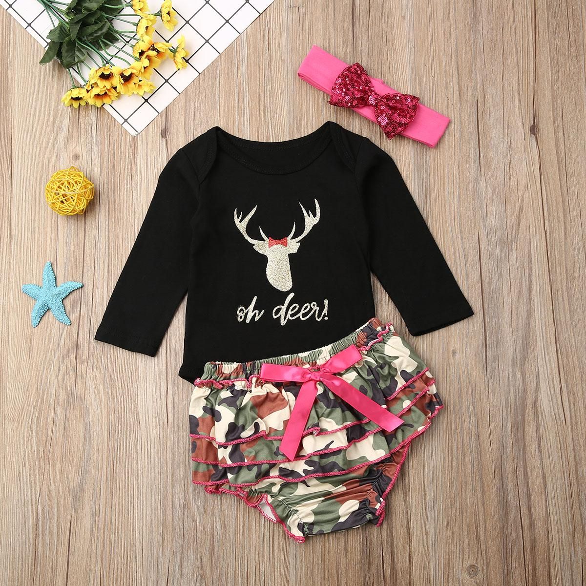 Baby Girls Long Sleeve Romper Cotton Tops Camouflage Ruffle Shorts Headband Outfit Set