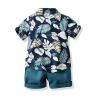 Fashion Boys Summer Leaves Print Turn Down Collar T-shirt Pockets Shorts Outfits