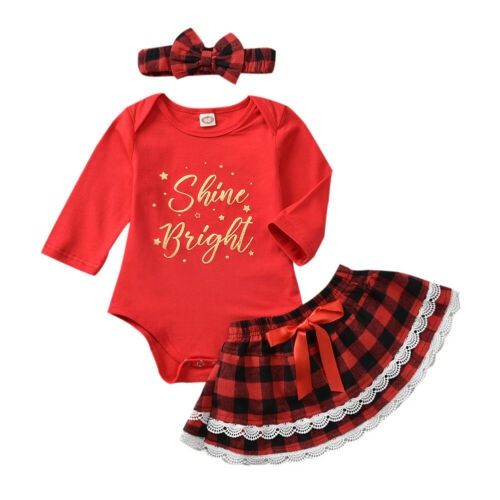 2021 0-3 years Baby Girls Kids Christmas Costume Red Long Sleeve Romper Fancy Plaid Lace Xmas Skirt Outfit Set