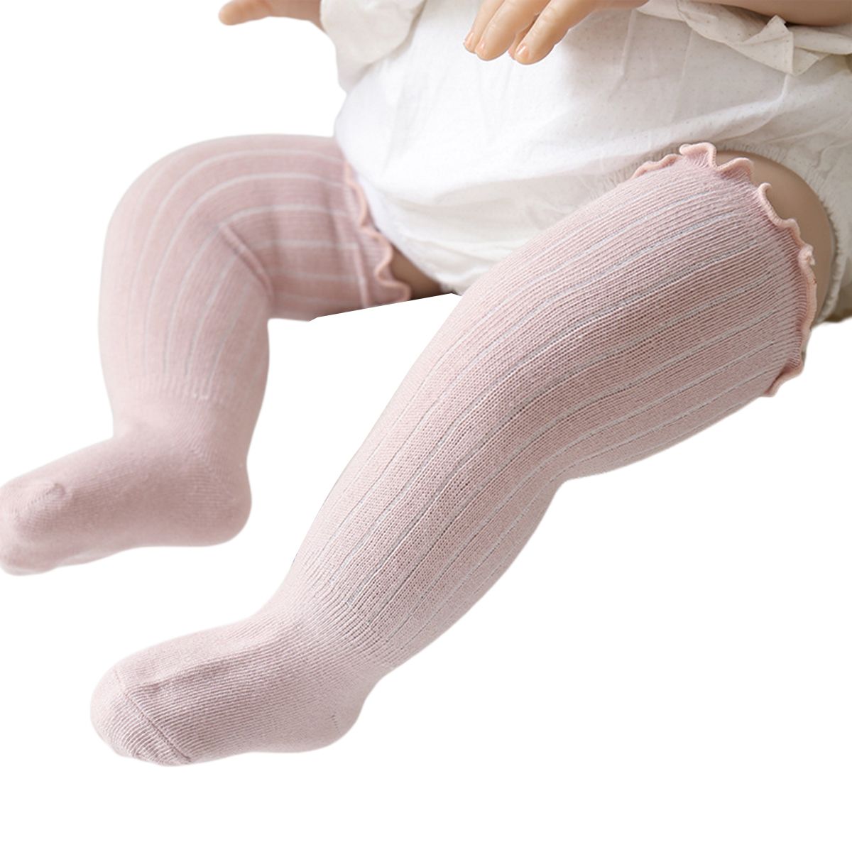 Baby Stockings Solid Color Pit Strip Style Wood Ears Comfortable Breathable Warm Long Socks