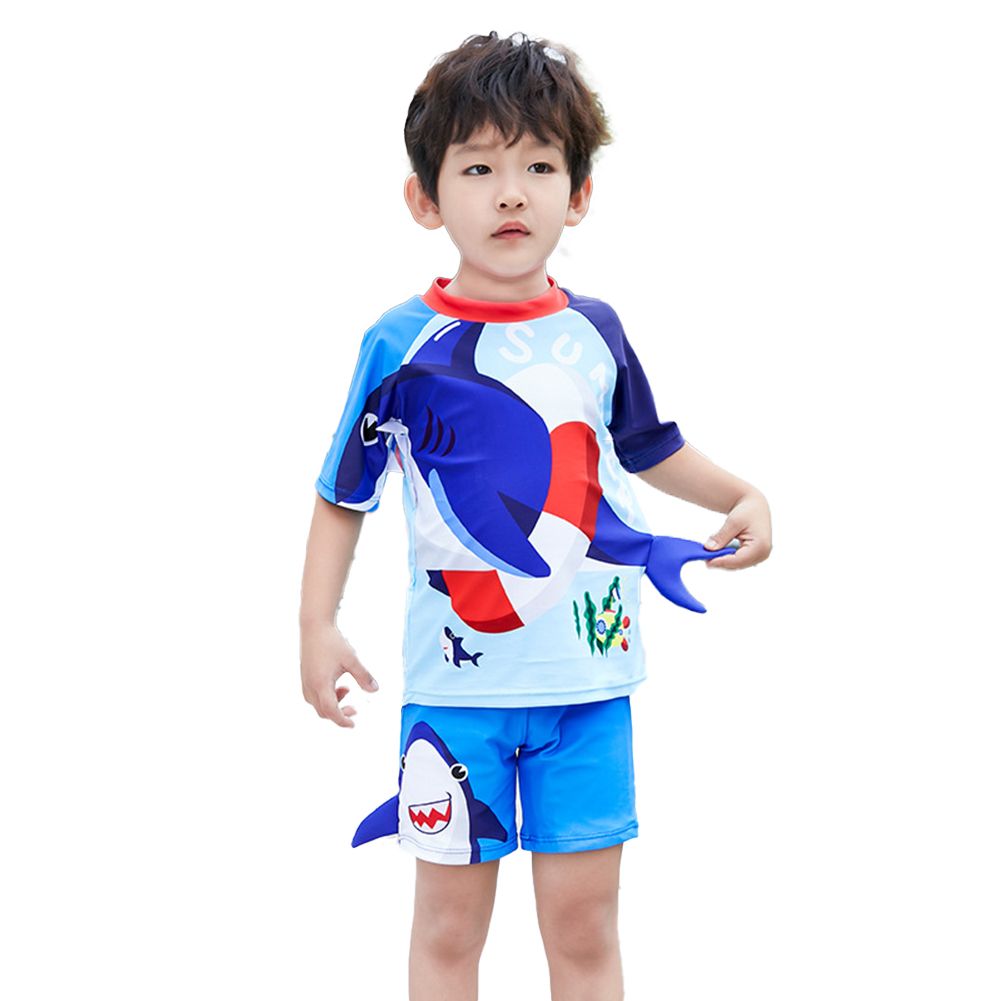 GC 3 Pcs Boy Swimsuit Cartoon Small Shark-shaped Pattern Quick-drying Sunscreen Split Swimwear Boxer Swimming Trunks Swimming Cap color