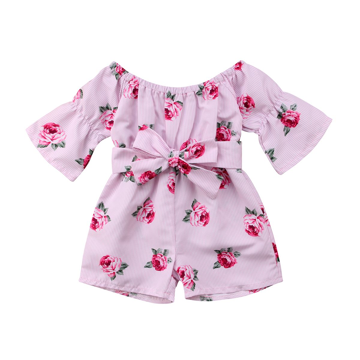Summer Princess Baby Girls Floral Romper Off shoulder Flare Sleeve Loose Bow Striped Jumpsuit Playsuit Sunsuit Overalls Clothes
