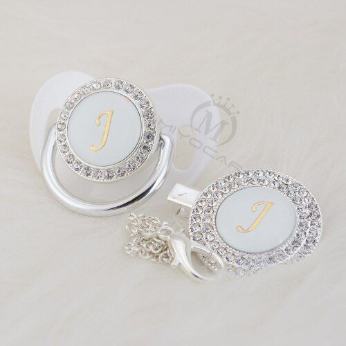 BLING silver bling pacifier and pacifier clip set name Initials letter J unique BPA free dummy bling baby shower gift  LJ-1