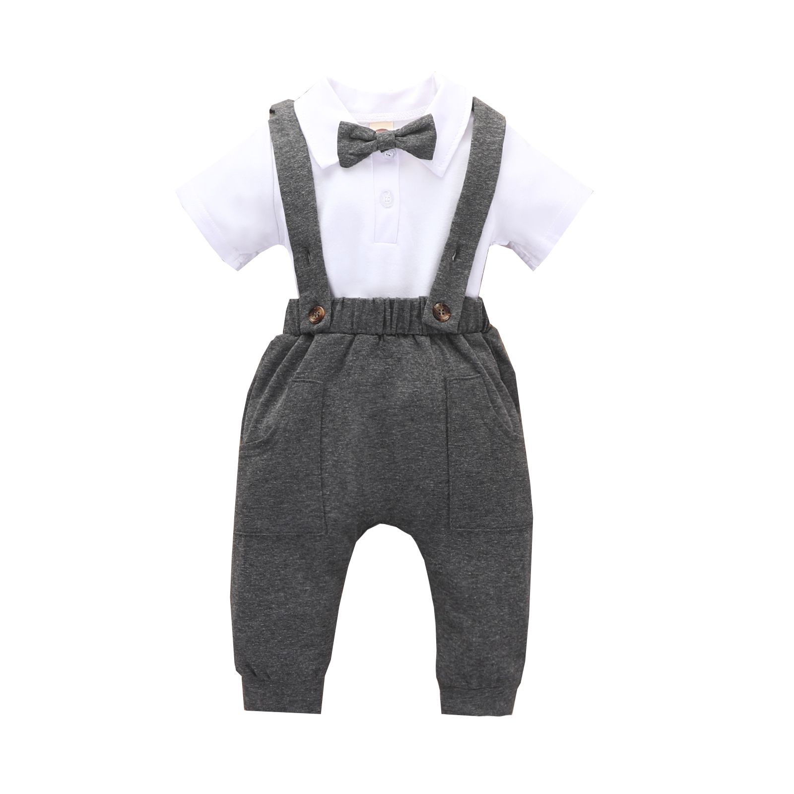 Baby Short Sleeves Romper + Suspender Pants+Tie Decoration, Gentleman Style Clothing