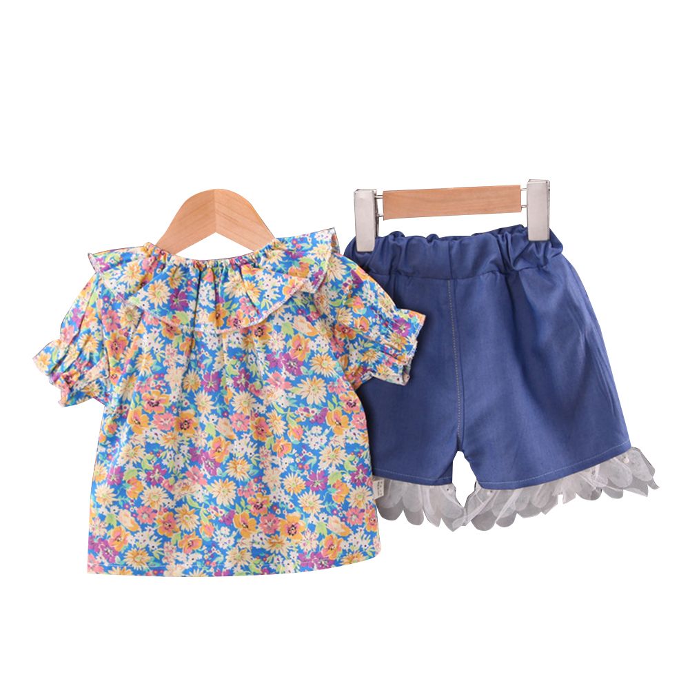 2 Pcs/set ldren  Suit Cotton Floral Lace Puff Sleeve Shirt + Shorts Suit For 0-4 Years Old color:een suitable for height:80/S infant age:0-1years
