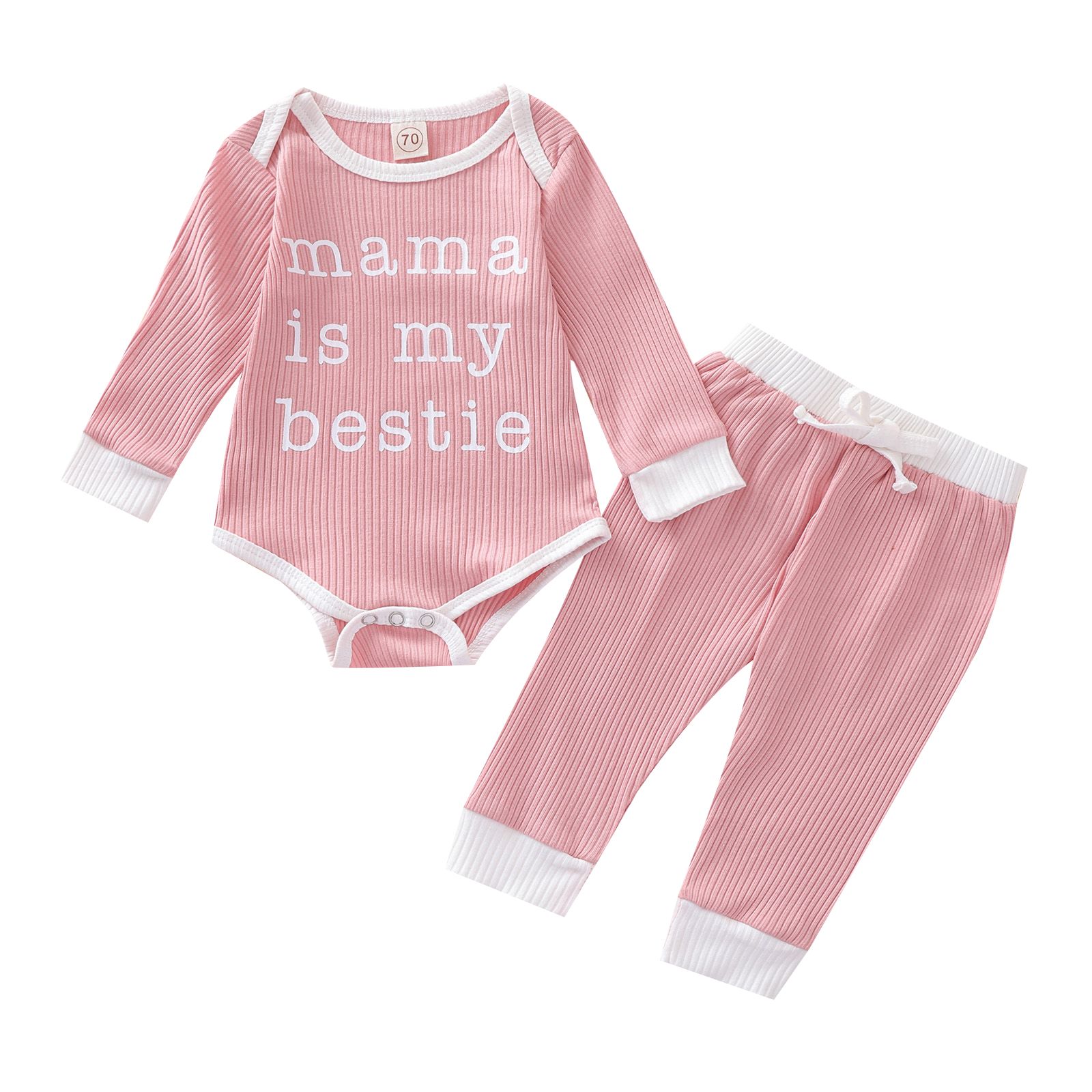 2 Pcs Newborn Ribbed Outfits, Baby Letter Print Long Sleeve Round Neck Romper + Tie Up Trousers