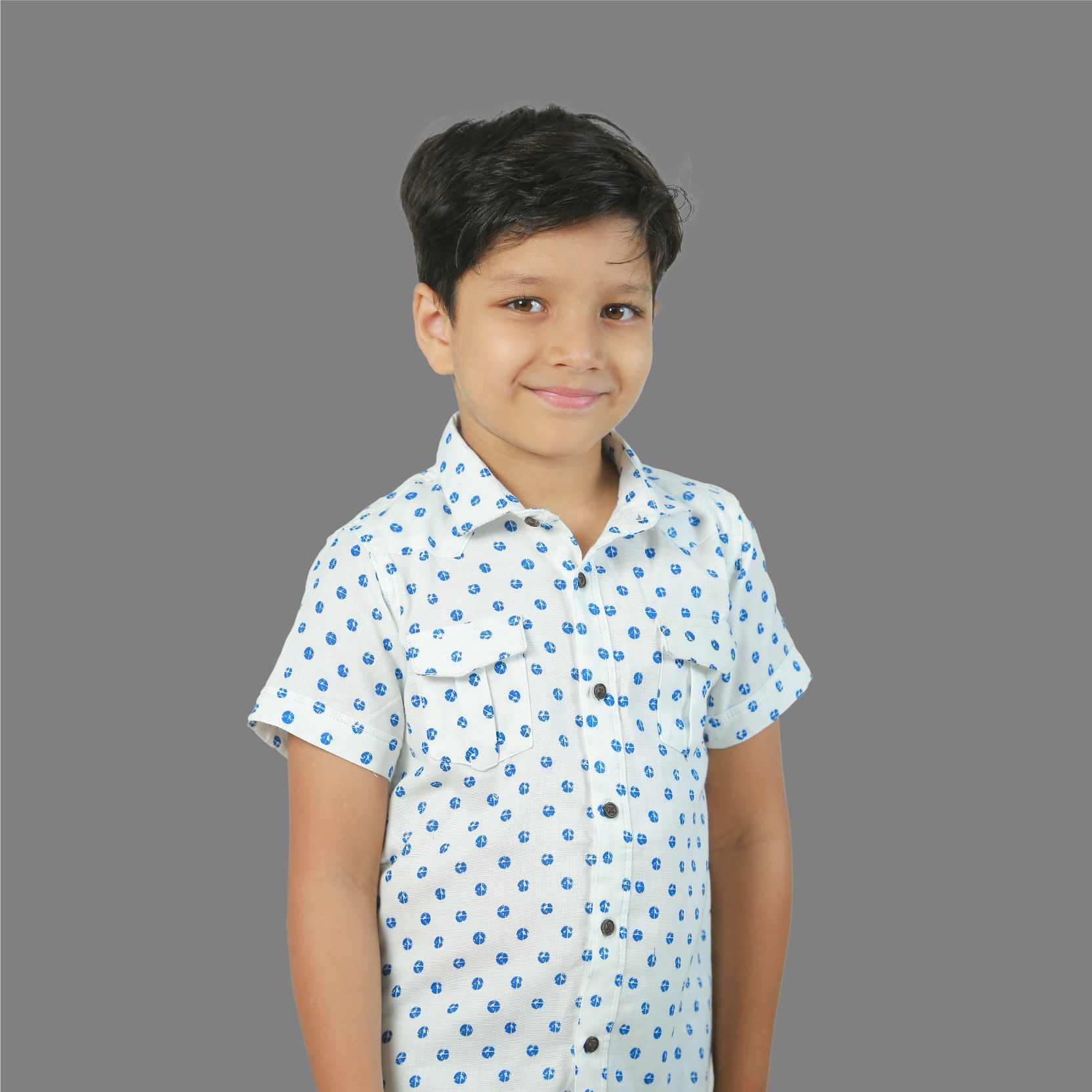 Boys' Short Sleeve Shirt Cotton  Blue All Over Print White (BWS 339