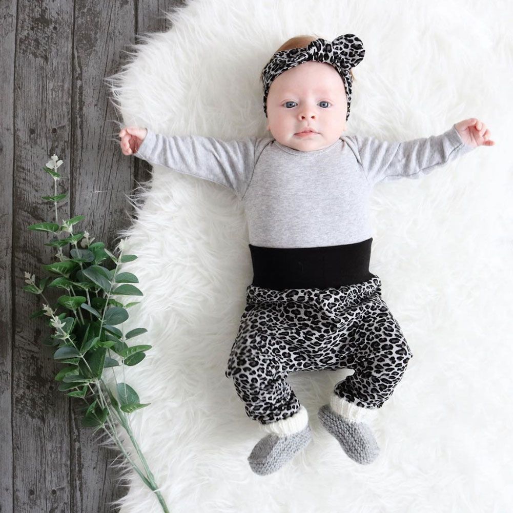 0-18M Baby Girls Leopard Clothes Set Long Sleeve Romper +Pants + Headband Costumes