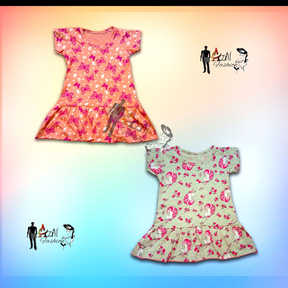 2 Pieces Multi color Printed Girls Frock by Any Color and print