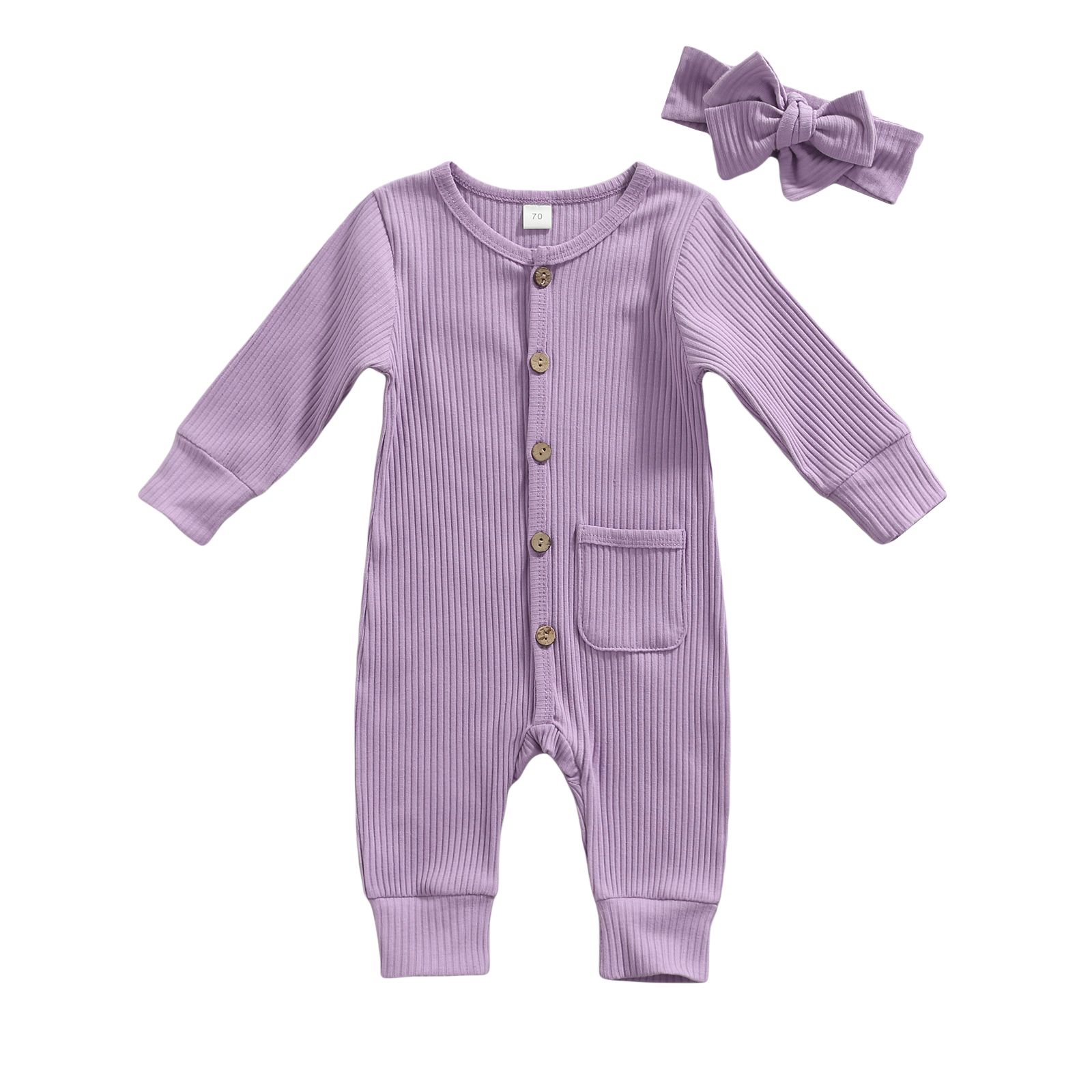 2Pcs Sweet Style Baby Girls Outfit, Solid Color Single-breasted Long Sleeve Round Collar Romper with Pocket + Headwear Set