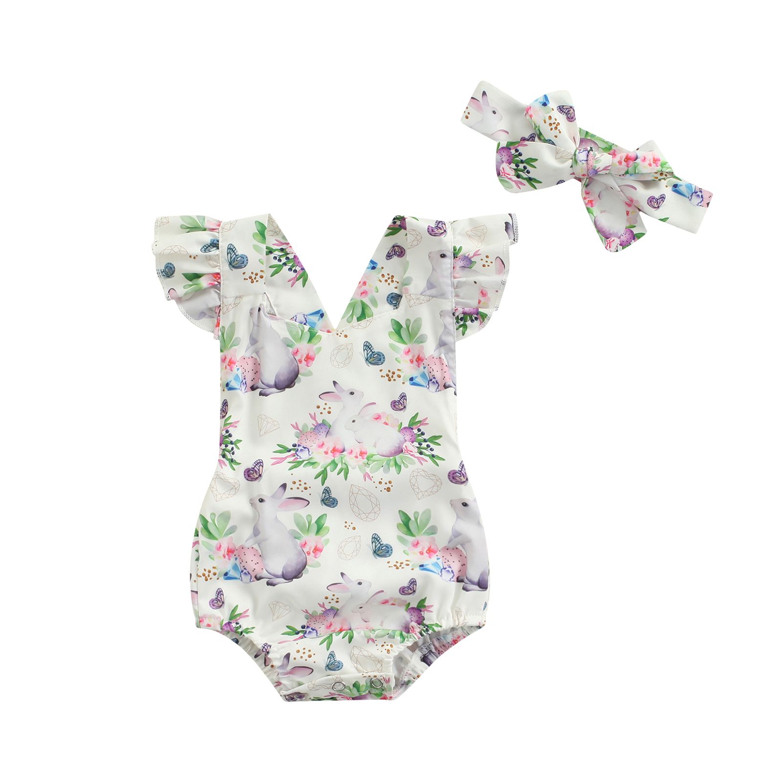 Newborn Girl Easter Romper Outfits, Rabbit Printed Fly Sleeve Elastic Playsuit + Cute Headband Casual Set