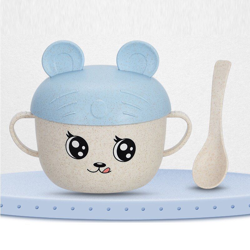 2Pcs/Set Baby Feeding Food Tableware Wheat Cartoon Kids Dishes Children Eating Dinnerware Set Anti-hot Plate Training Bowl+spoon