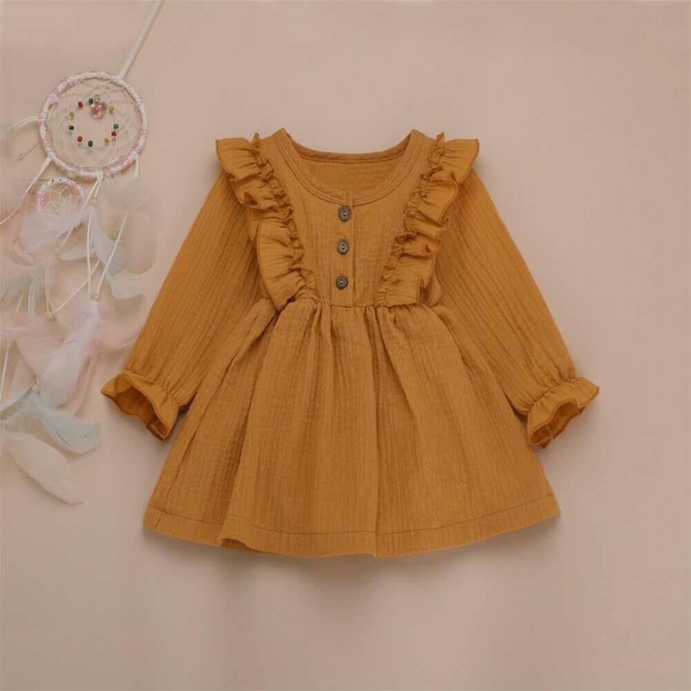 Toddler Baby Girls Kids Long Sleeve Ruffles Dress Cotton Linen Clothes Outfits Kids Dresses for Girls 4Colors 1-6Years