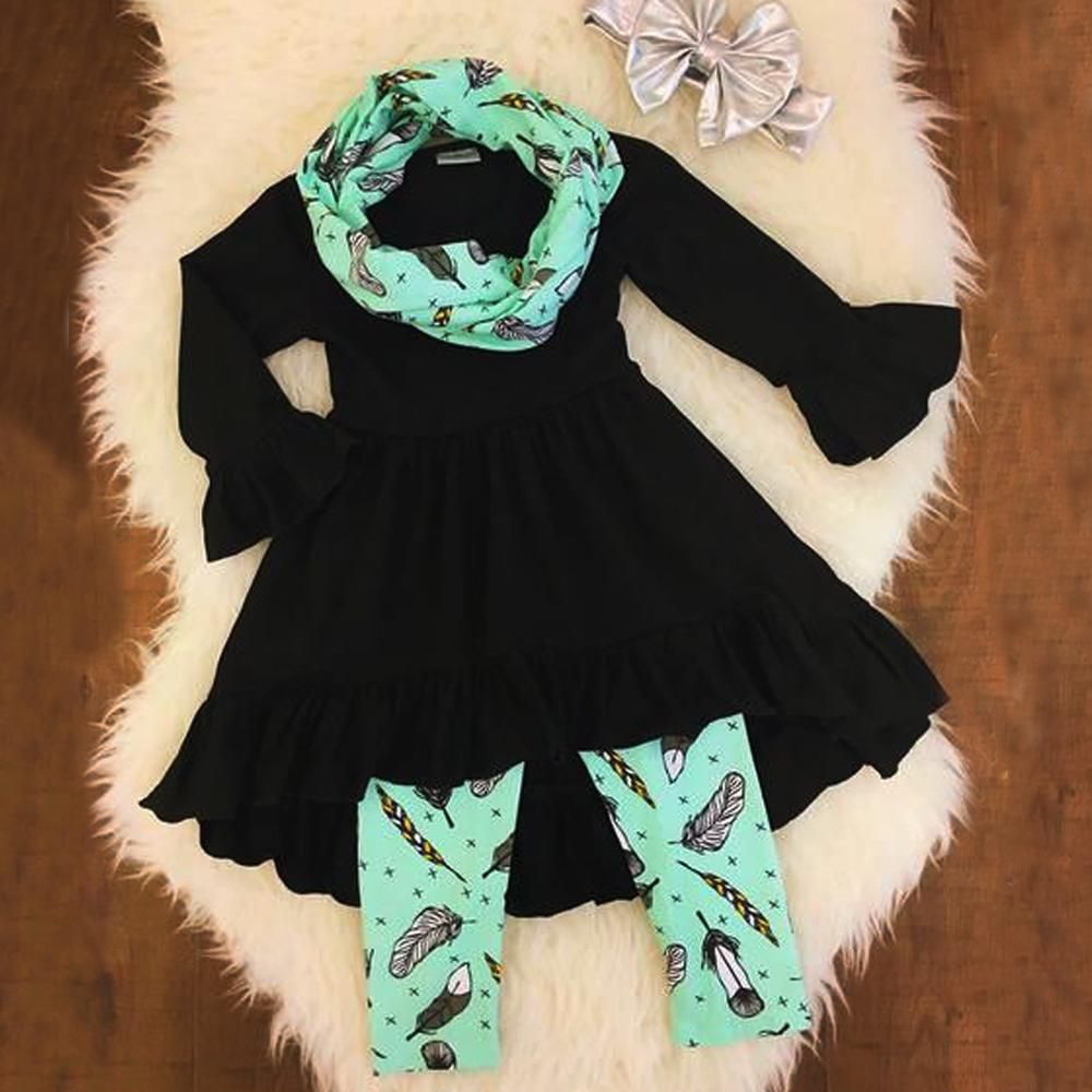 Fashion Children Clothing Set Flare Sleeve Ruffles Asymmetrical Mini Dress Tops+Pant Legging 2PCS  Children Girl Clothes Set