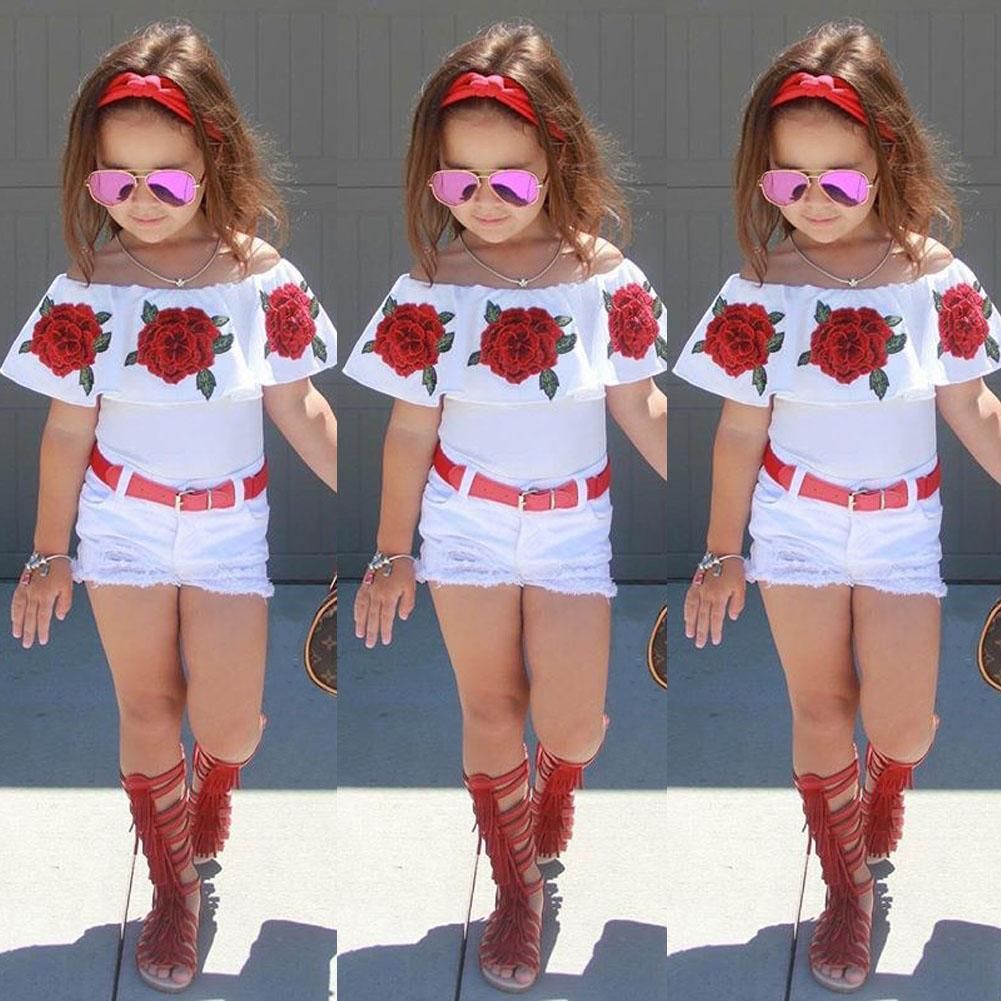 1-7Y Baby Girl Clothes Sets Off Shoulder 3D Rose Flower Cotton Top Skirt Outfit Set