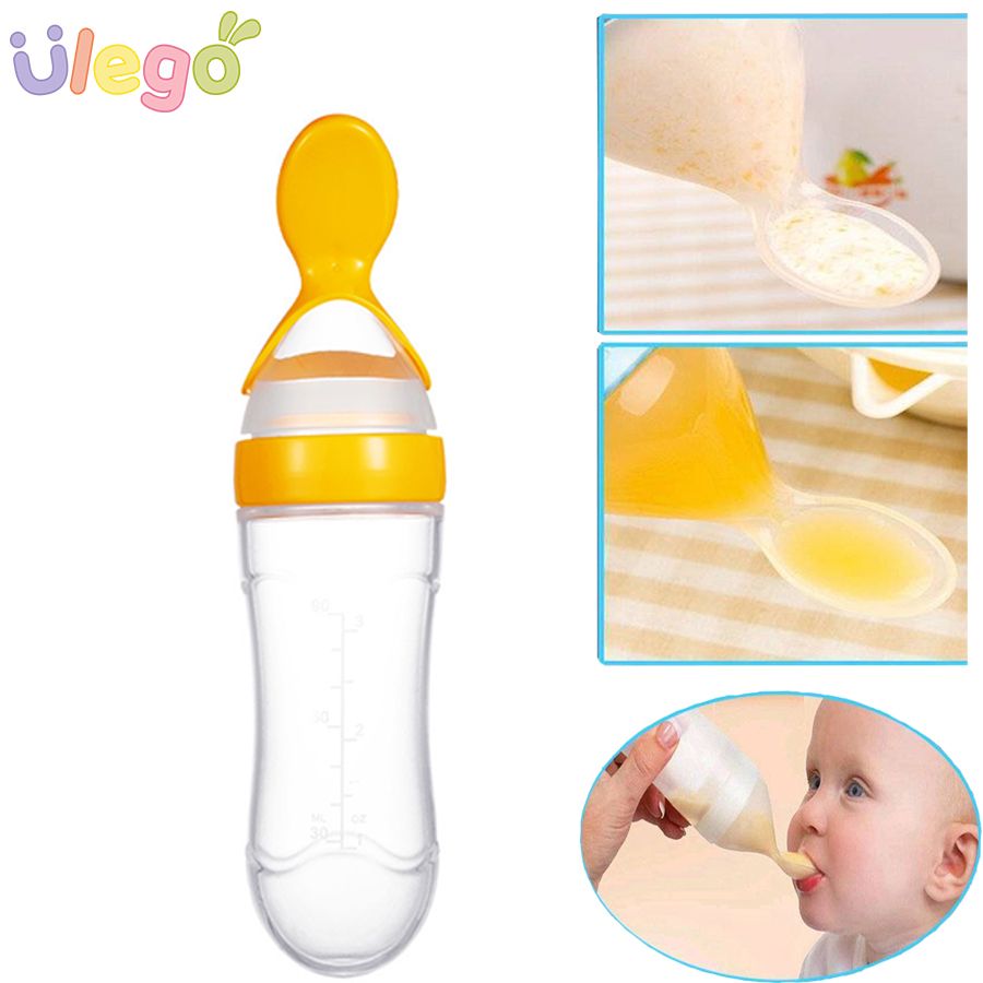 【BestGO】90ML Lovely Safety Infant Baby Silicone Feeding With Spoon Feeder Food Rice Cereal Bottle For Best Gift