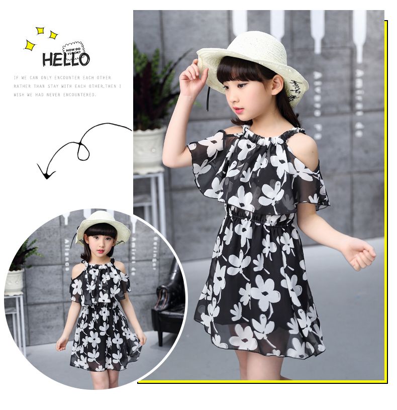 Children Fashion High Quality korean Ball Gown for kids girl casual clothes Black Flower Summer Dress