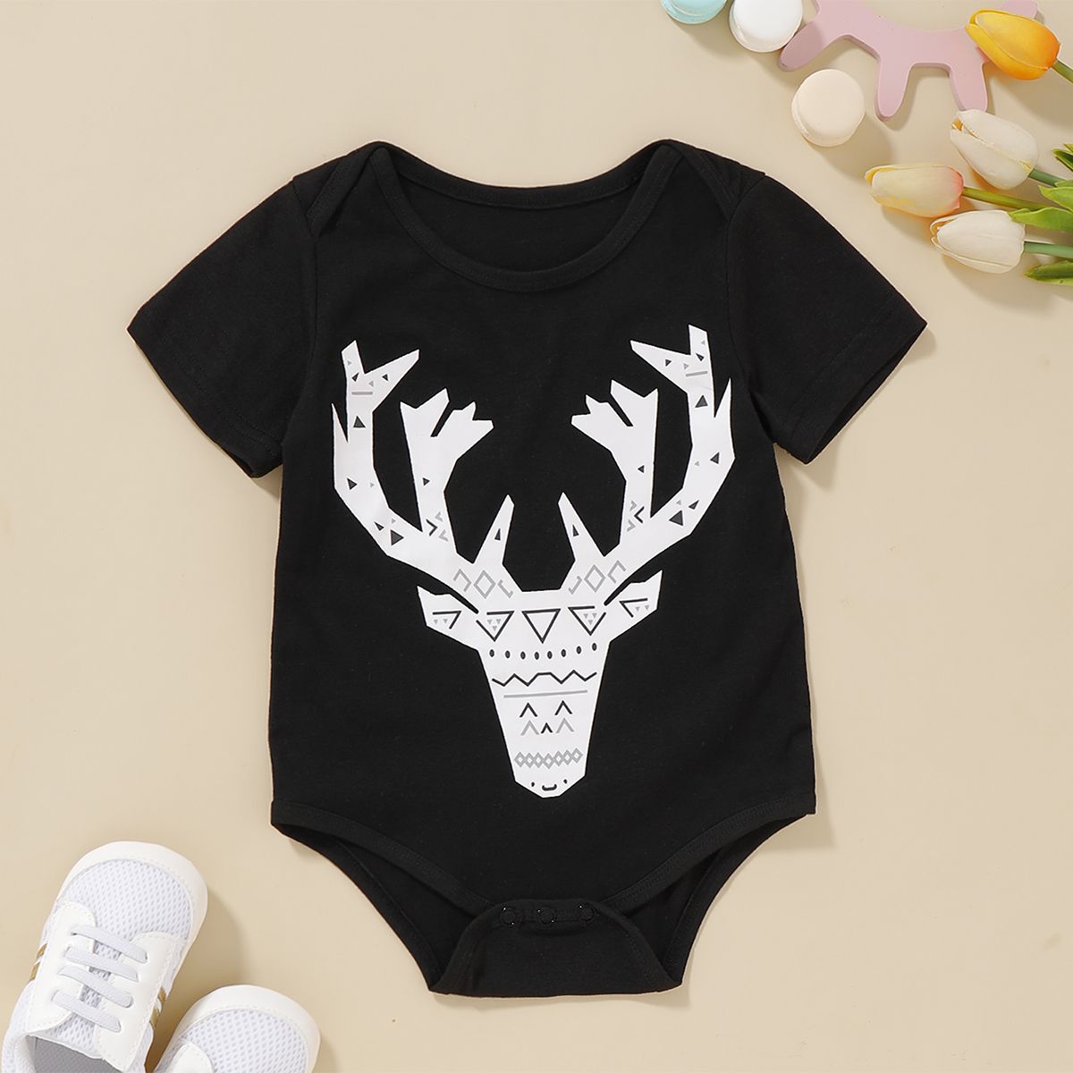 Baby Boy Short Sleeve Black Deer Pattern Romper