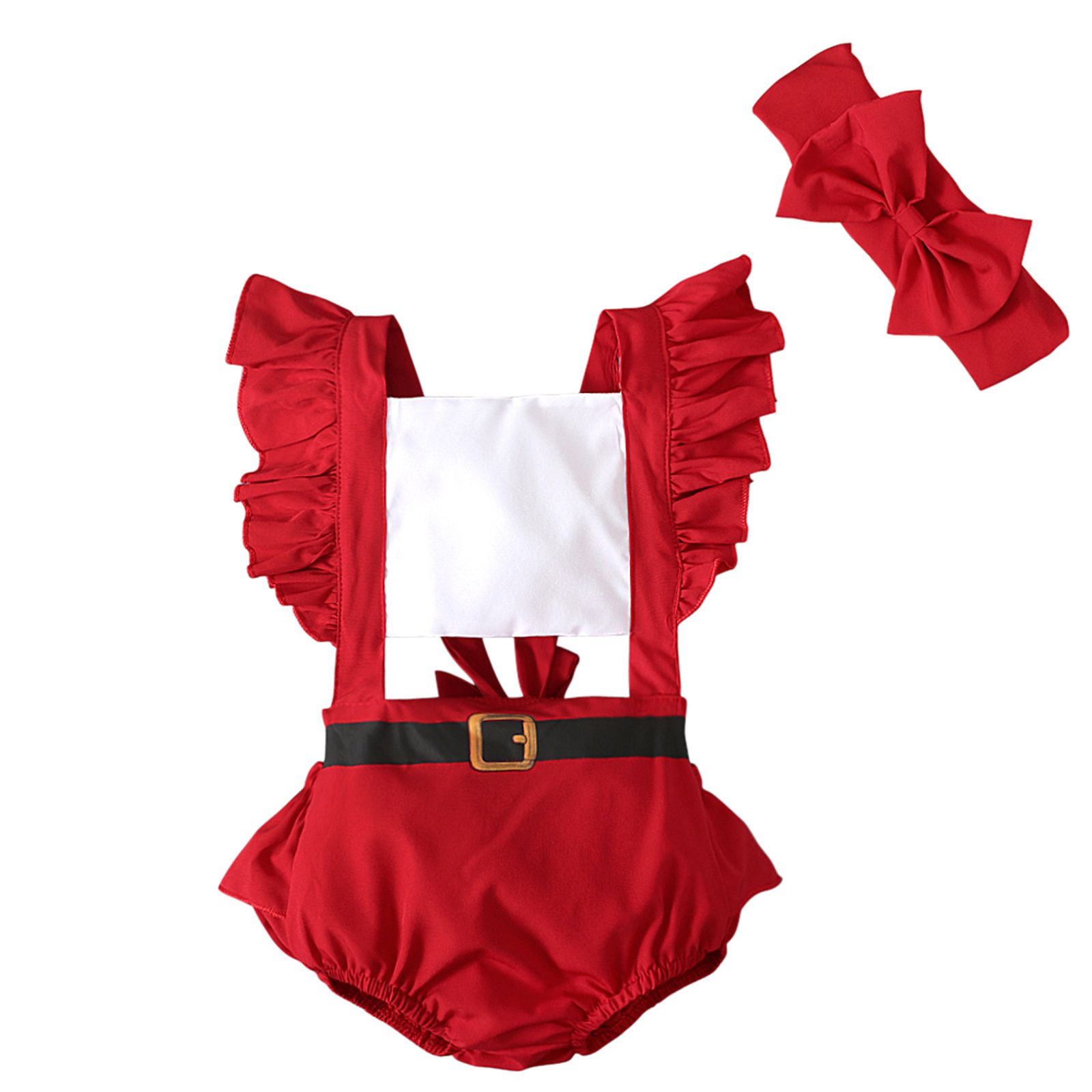 Christmas Baby Girls Romper, Infant Sweet Style Color Matching Fly Sleeve Backless Lace Splicing Jumpsuit + Bow Headwear Set
