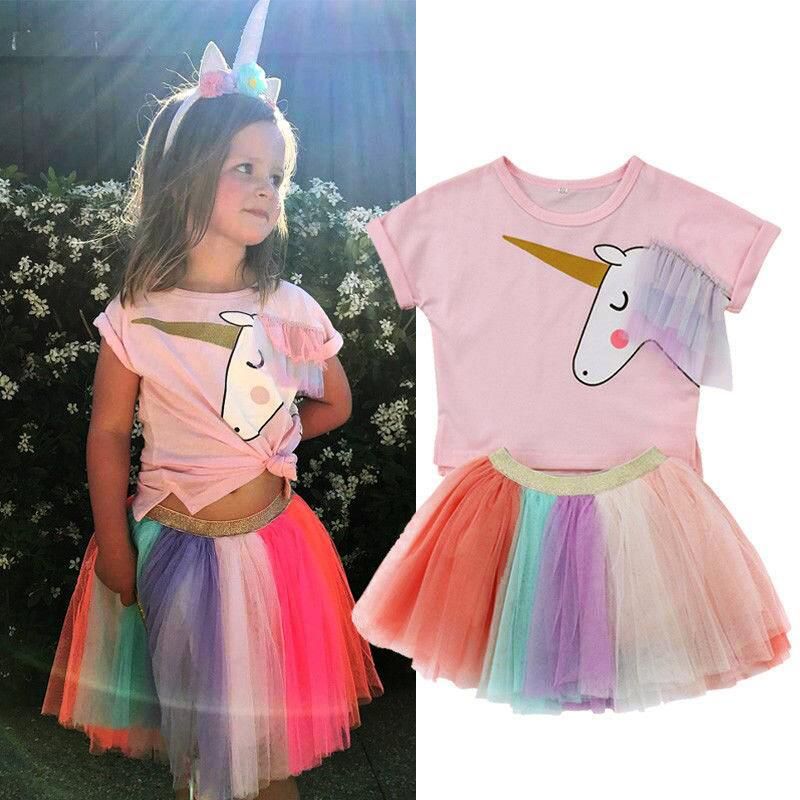 Girl Short Sleeve Unicorn T-Shirt + Colorful Skirt