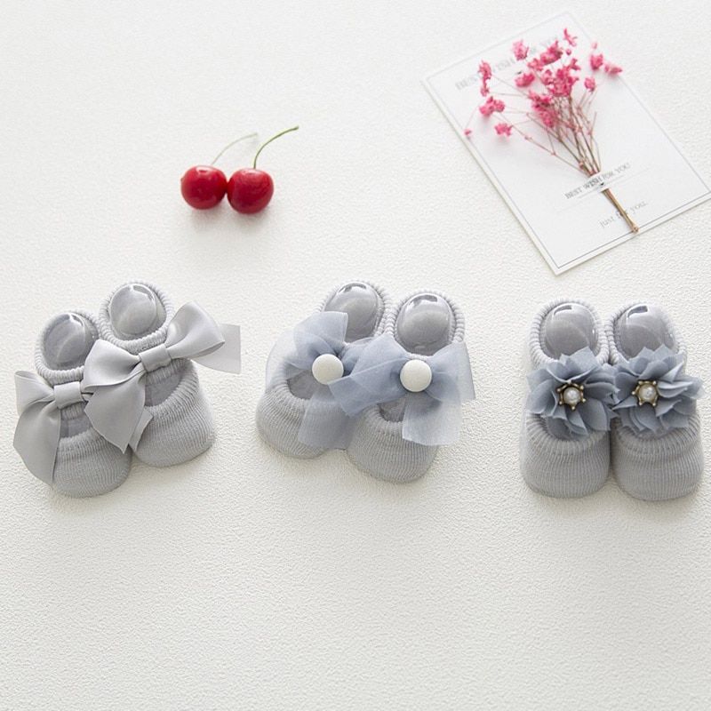 3 Pairs/set Newborn Baby Socks Lace Flower Bowknot Baby Girl Socks Soft Cotton Rubber Sole Anti Slip Toddler Shoes Baby Shoes