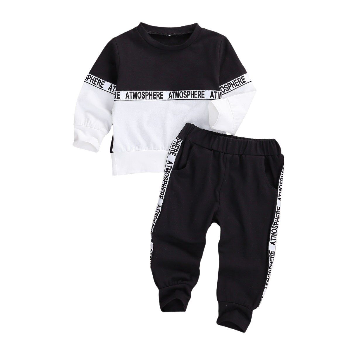 Kids Baby Girls Boys Long-sleeved Trousers Suit Personality Stitching Round Neck T-shirt and Solid Elastic Long Pants Sportwear