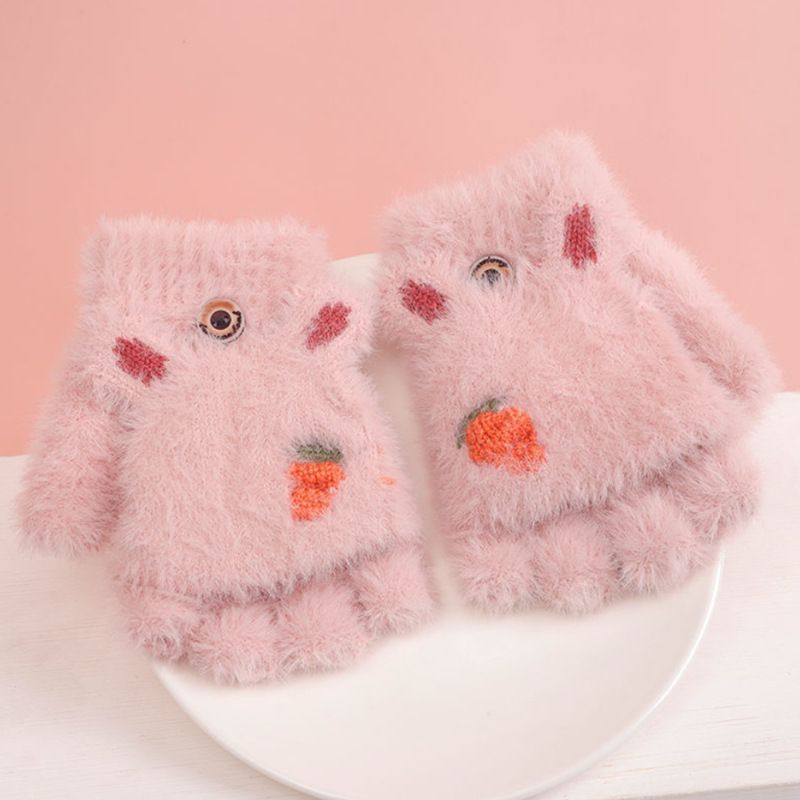 Rabbit Ears Kids Gloves Cartoon Half Finger Soft Warm Children Mittens