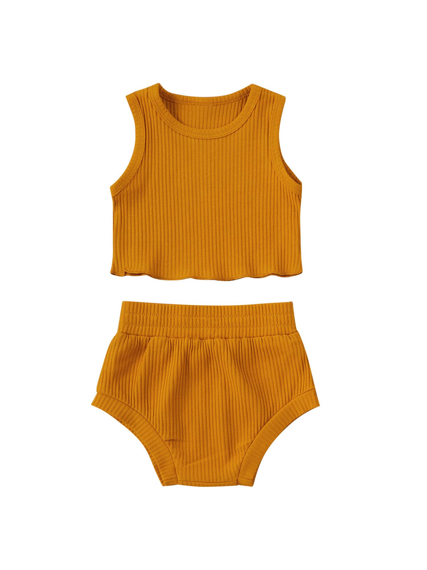 Newborn's Two Piece Set's Solid Color Ribbed Crew Neck Vest Elastic Waistband Shorts