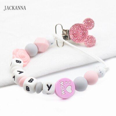Customized Name Baby Pacifier Clips Mouse Head Dummy Chain Newborn Attache Sucette Baby Gift Silicone Baby Pacifier Holder Chain