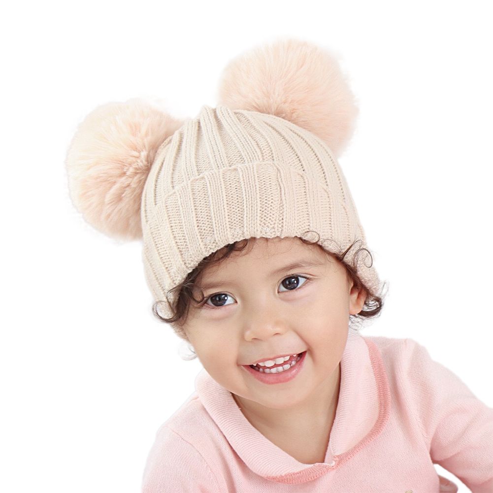 Infant Toddler Cute Bear Beanie Woolen Hat Pure Color Winter Twist Double Pom Pom Wool Knitted Cap