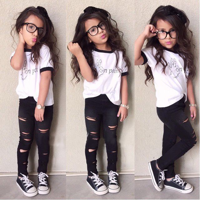 2pcs Summer Girls Kids Casual Clothes Tracksuit O-Neck Short Sleeve Top+Long Hole Pants Outfits Casual Suit Set