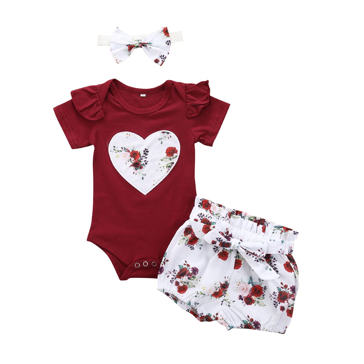 Newborn Girls Short Pants Outfits, Ruffles Heart Romper + Flowers Printed Shorts + Bowknot Headband Sets