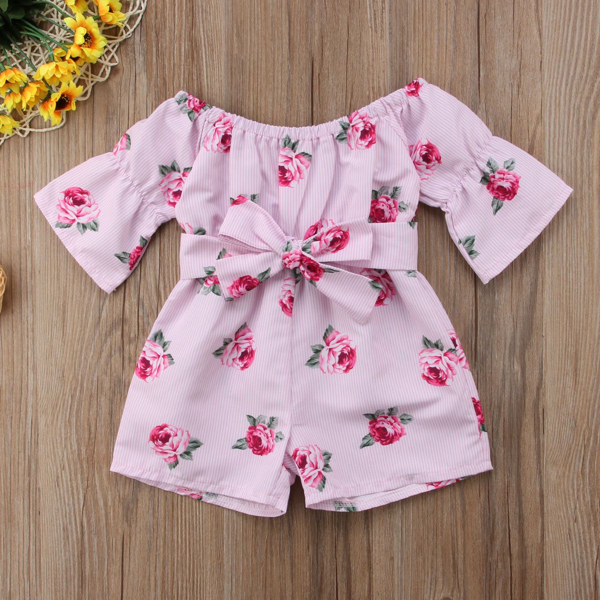 2019 Brand New Princess Baby Girl Floral Romper Off shoulder Flare Sleeve Bow Striped Jumpsuit Playsuit Outfit Sunsuit Clothes