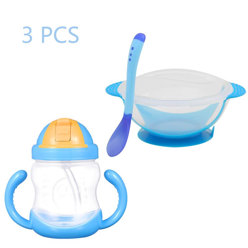 【ALLGOOD】3 pcs/set Baby Sippy Cup Training Drinking Bottle 280ml with Handle+ Suction Training Bowl Safe For Toddler+Temperature Sensing Spoons Baby Feeding Gift set