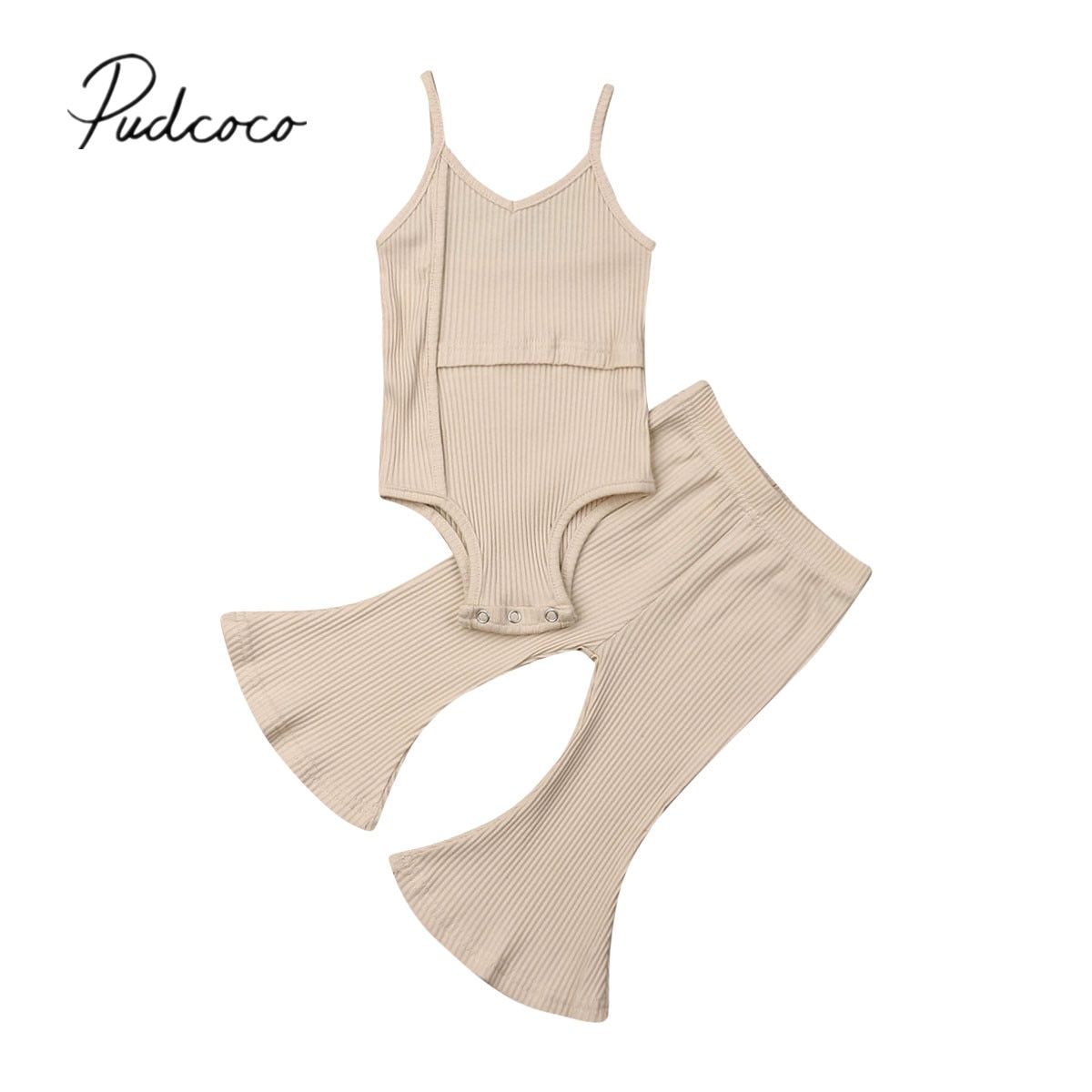 2020 Baby Summer Clothing Newborn Baby Girl Solid Sleeveless Romper Top+Long Bell Pants Bottoms Outfits Ribbed Clothes Sets 0-3Y