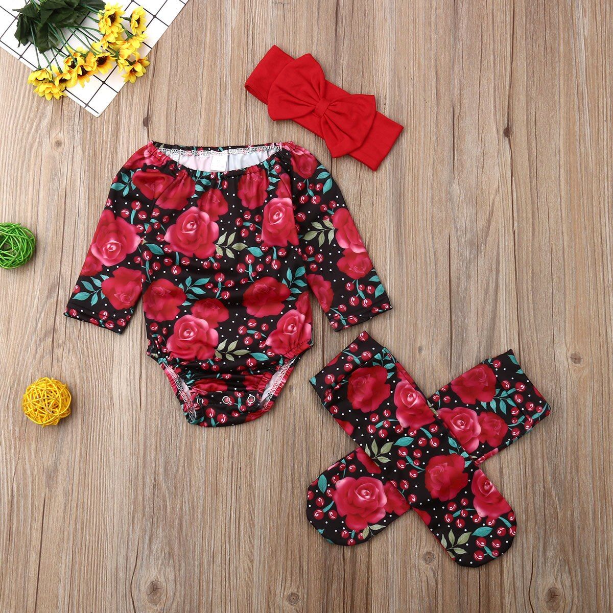 Newborn Baby Girls 0-24M Flower Print Romper+Leg Warmers 3Pcs Outfits Clothes