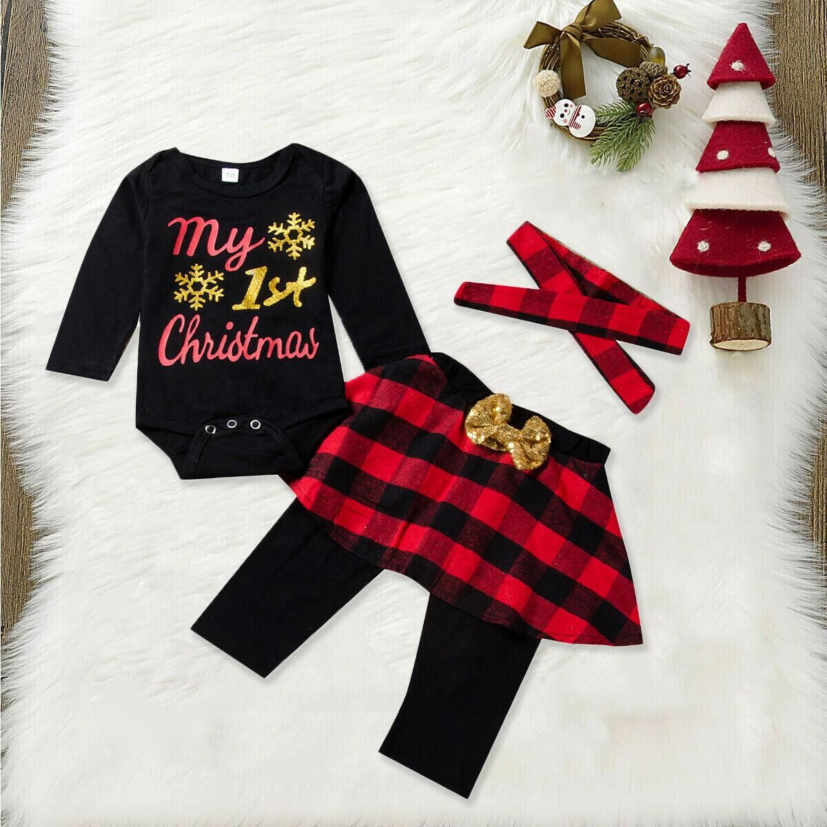 Baby Girls Christmas Clothes Set Cotton Long Sleeve Letter Printed Rompers Tutu Bow Plaid Pants Outfit