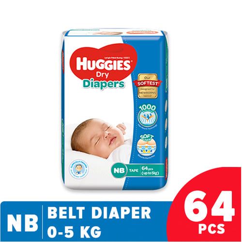 Huggies Dry Belt Diaper (NB) New Born-64 Pcs (0-5 Kg) - Made in Malaysia