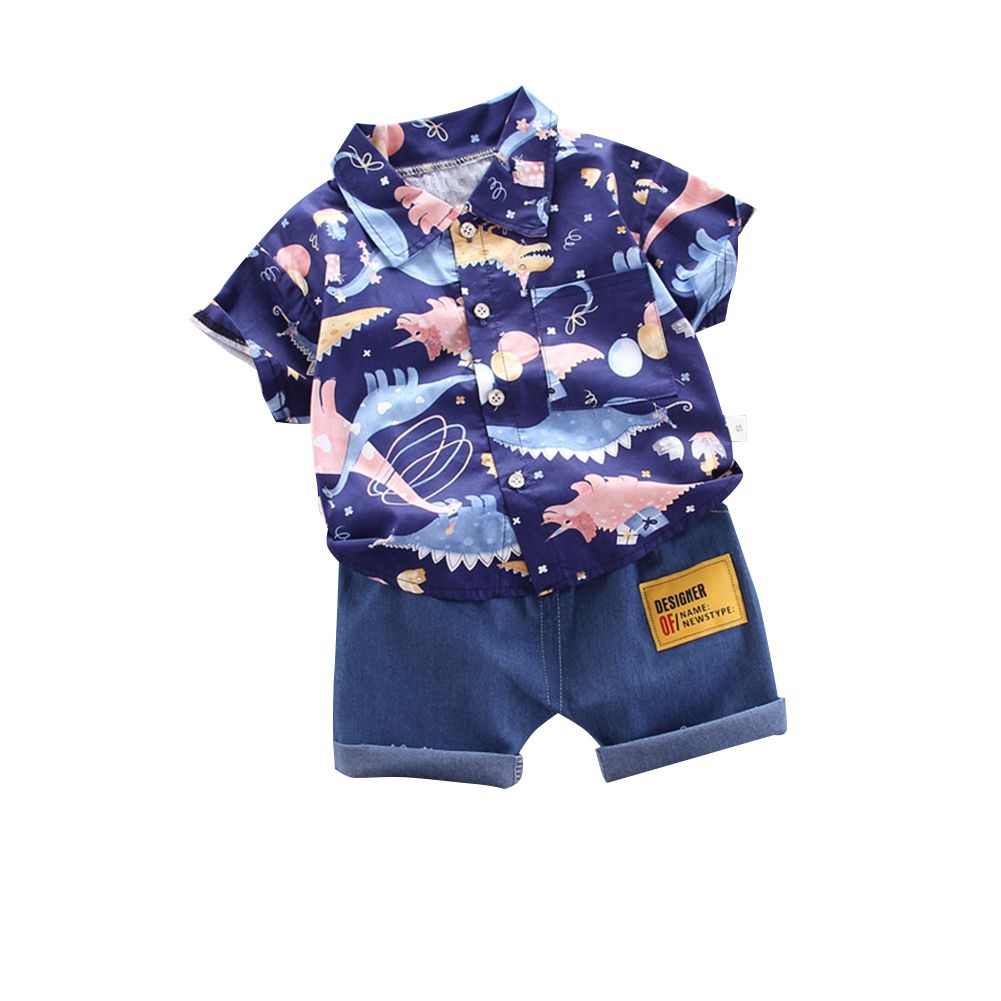 2 Pcs/set Boy  Suit Cotton Cartoon Dinosaur Printed Short-sleeve Lapel Shirt + Denim Shorts Suit For 0-4 Years Old color:White size:80cm infant age:0-1years