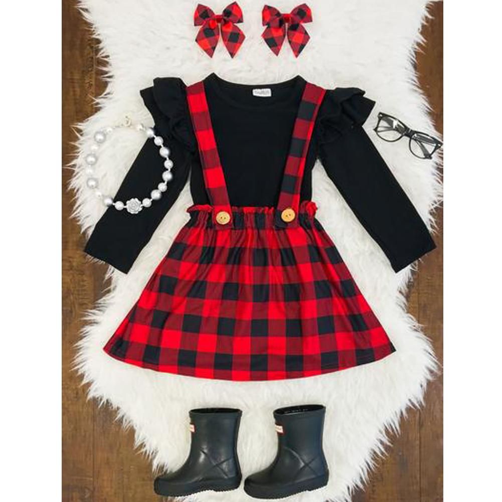 Newborn Toddler Kids Baby Girls Clothes Set 2pcs Cotton Spring Winter Ruffle T-shirt Tops+Plaid Strap Dress Party Outfits 0-4T