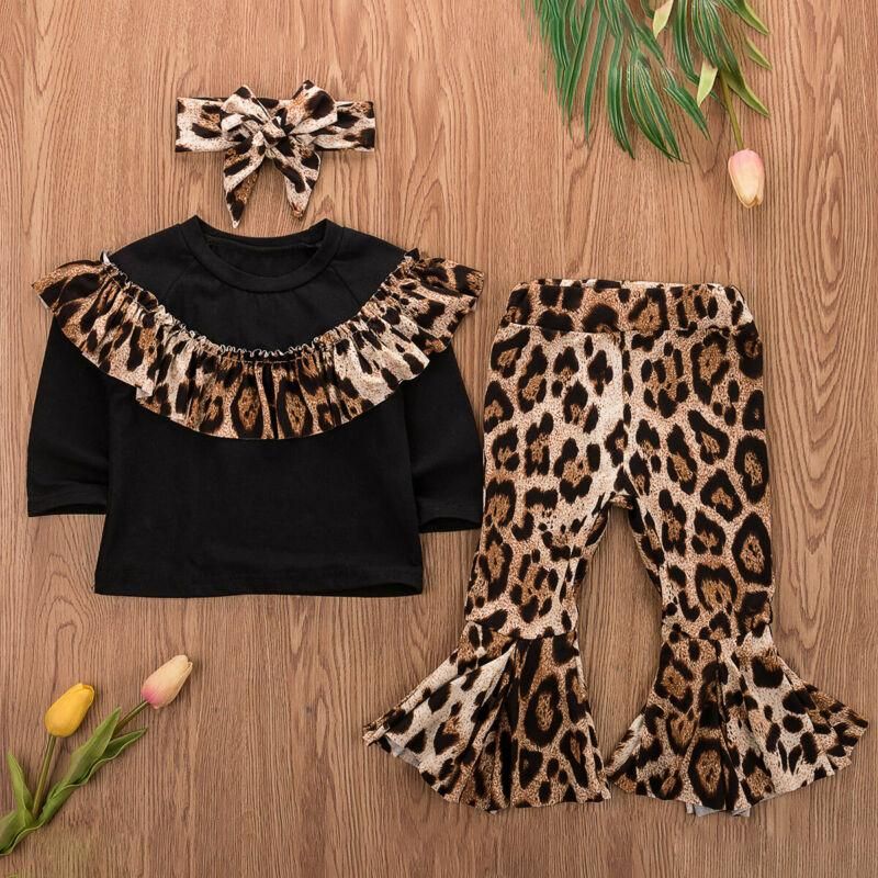 Baby Girl Romper Ruffles Leopard Top T-shirt Bell Bottoms Pant Outfits Party Clothes Long Sleeve 2Pcs Set